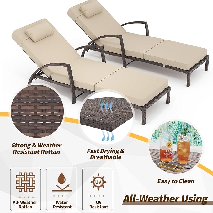 GarveeLife 2-Piece Rattan Patio Folding Chaise Lounge, 5-Position Adjustable - Image 6