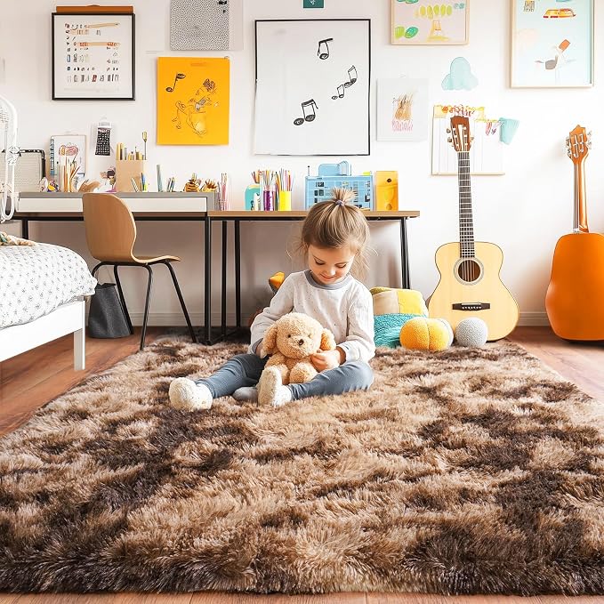 Super Fluffy Area Rug for Living Room 5x7, Shaggy Carpet, Tie-Dyed Coffee | - Image 2