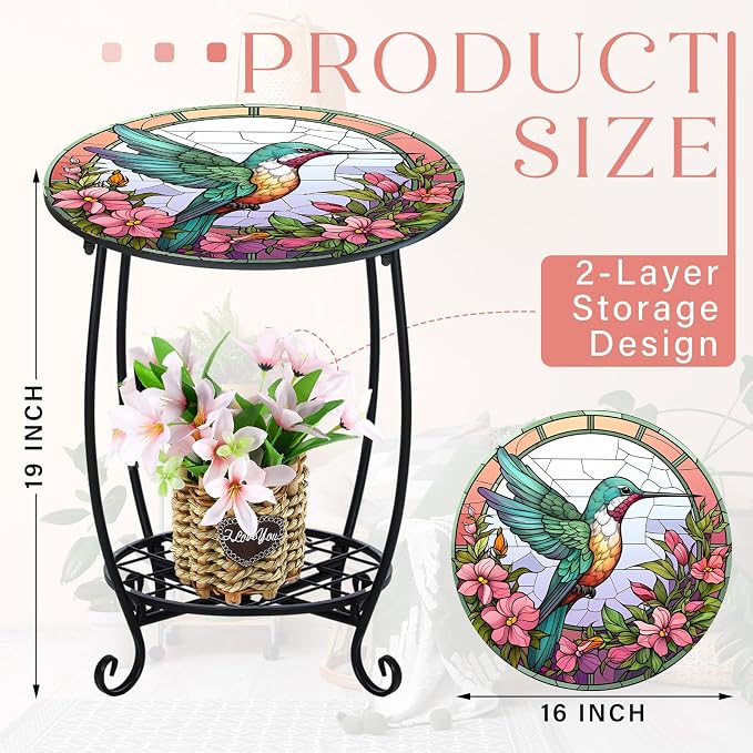 Cinnvoice Outdoor Side Table Round Small Mosaic Patio Accent Indoor End Plant - Image 3