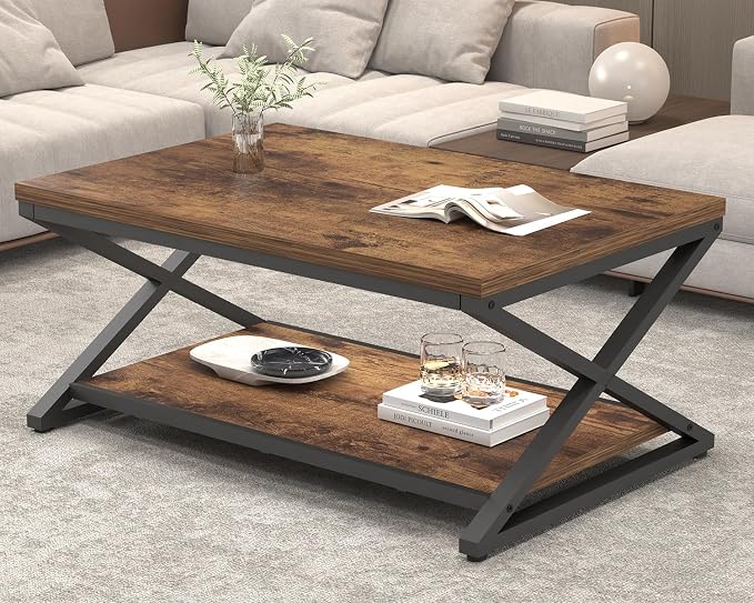 HSH Wood Coffee Table with Storage, Farmhouse Rustic Brown Coffee Table - Image 9