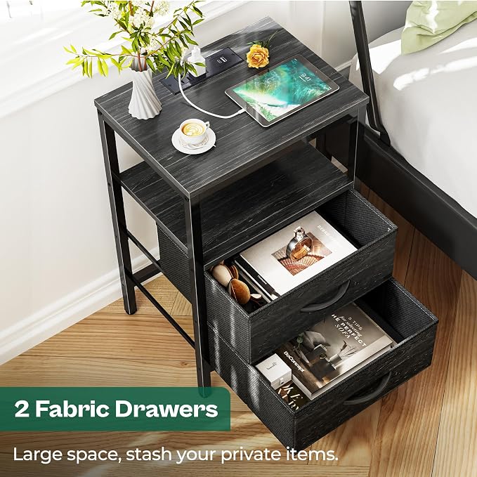 Huuger Nightstand with Charging Station, Fabric Drawers, End Table with Open - Image 4