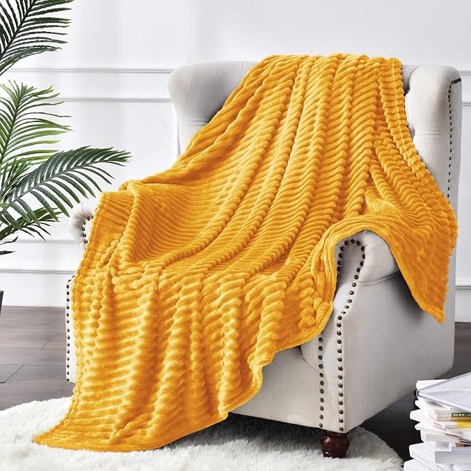 BEDELITE Ribbed Mustard Yellow Fleece Throw Blanket - Image 5
