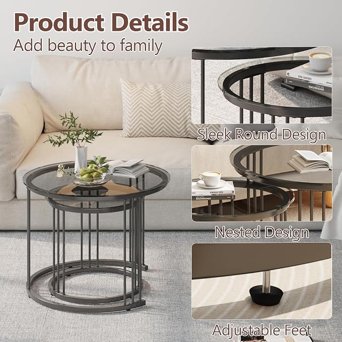 Garden 4 you Nesting Coffee Table, 23.6" Round Coffee Table Set of 2, Glass - Image 6