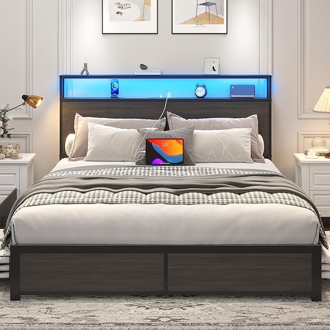 Lifezone Queen Bed Frame with 2-Tier Storage Headboard, Metal Platform Bed - Image 3