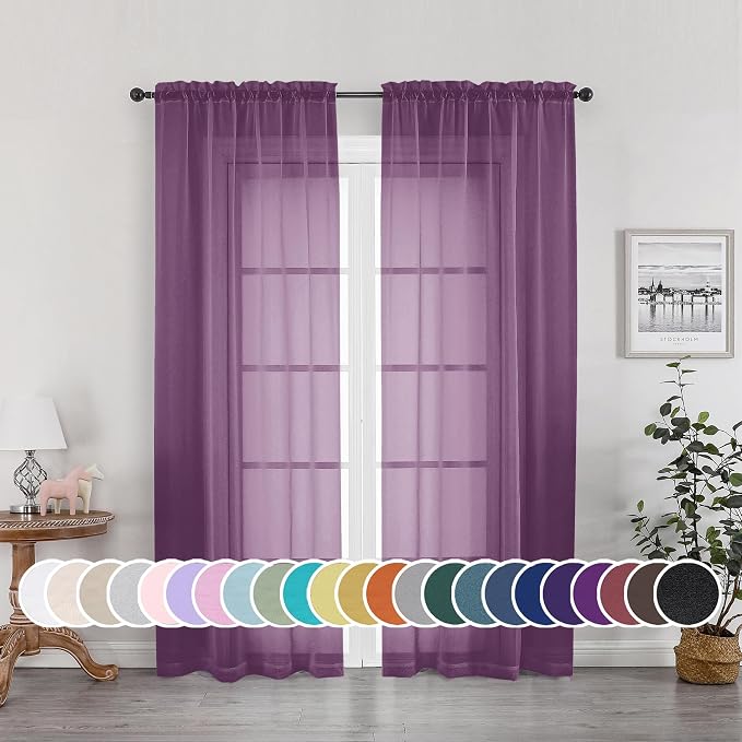 Sheer Curtains 72 Inches Long 2 Panels Set, Transparent Light Filtering Plum by OWENIE
