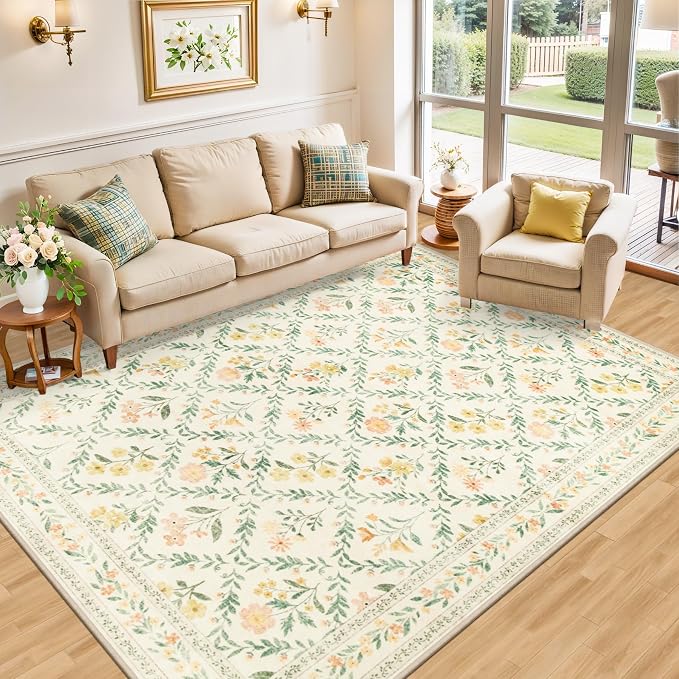 PLHXFR 6x9 Area Rug Living Room: Floral Washable Boho Carpet Beige Multi | - Image 2
