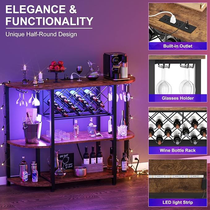 Unikito Wine Rack Table with Socket and LED Light, Floor Bar Cabinet - Image 4