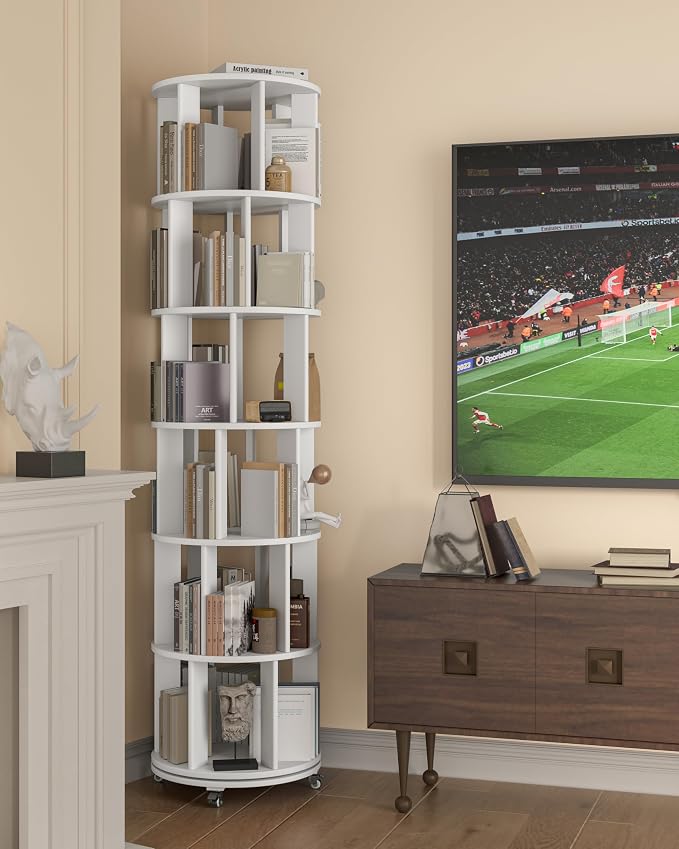 6-Tier Solid Wood Rotating Bookshelf on Wheels, 360° Spinning Book Shelf Tower - Image 9
