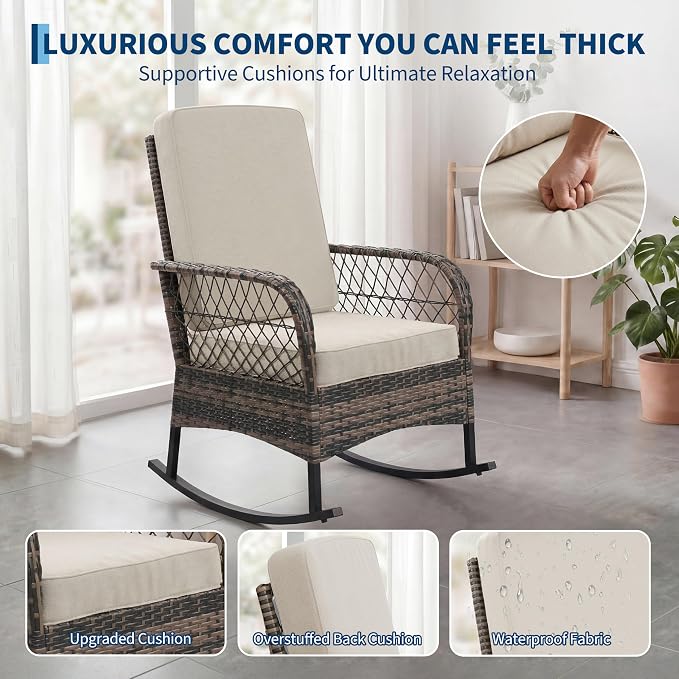 GarveeHome 3-Piece Outdoor Rocking Chair Set, Wicker Rattan Patio Furniture - Image 6