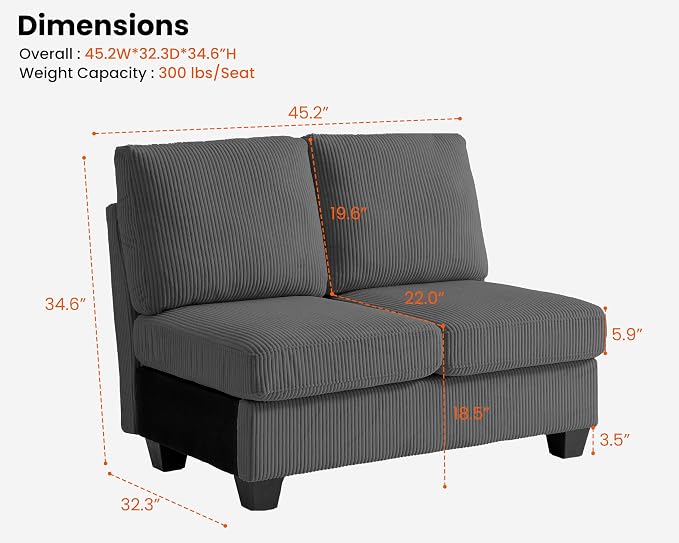 CHIC HOUSE Middle Module for Modular Couch, Corduroy Customizable Chaise - Image 2