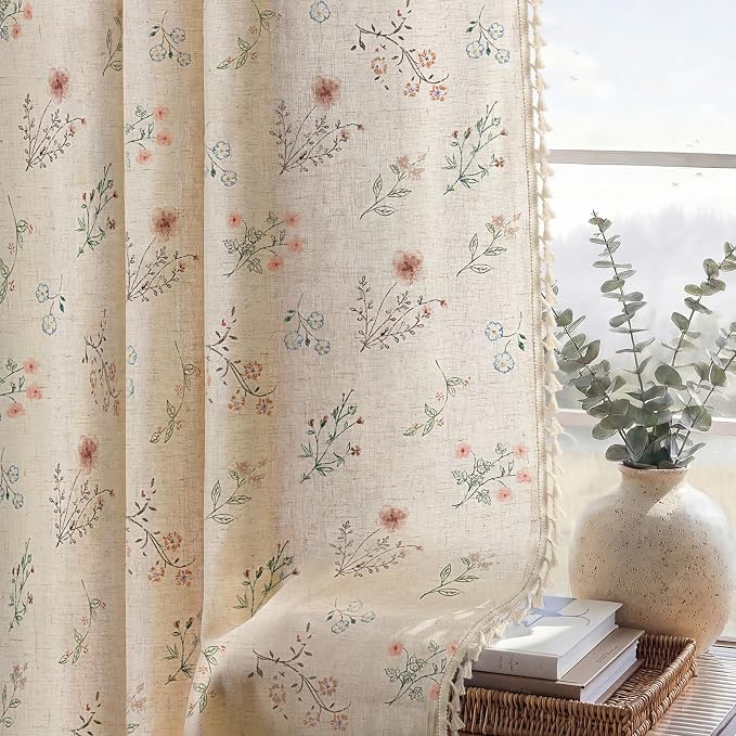Boho Floral Light Filtering Curtains 72 Inch 2 Panels Linen Texture | Farmhouse - Image 4