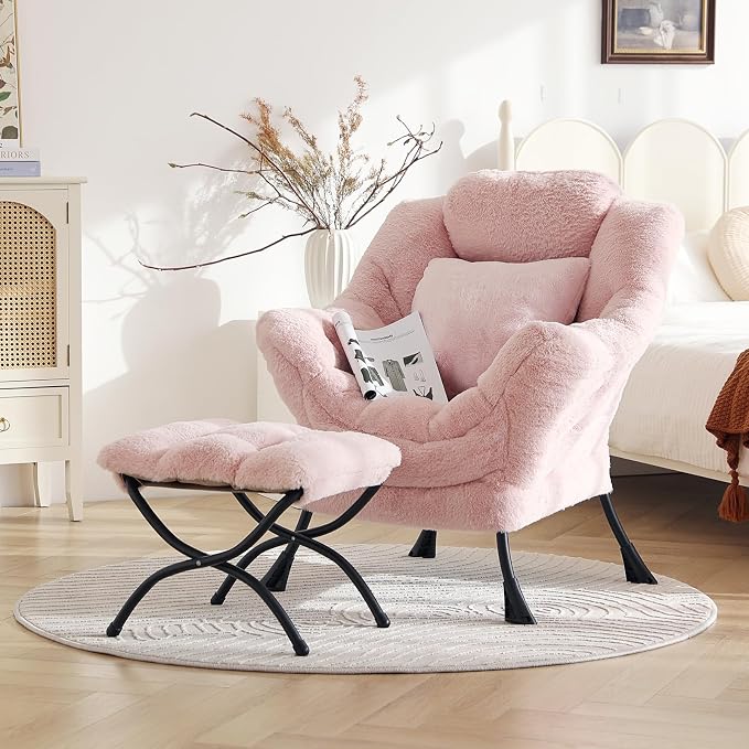 Lazy Chair with Ottoman, Large Pink Accent Chair with Ottoman and FA Throw - Image 4