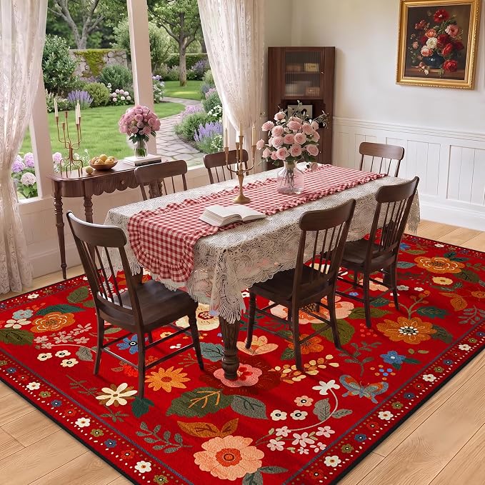 Floral Washable 6x9 Area Rugs Red/Orange | Flower Carpet Print Boho Cute Non - Image 6