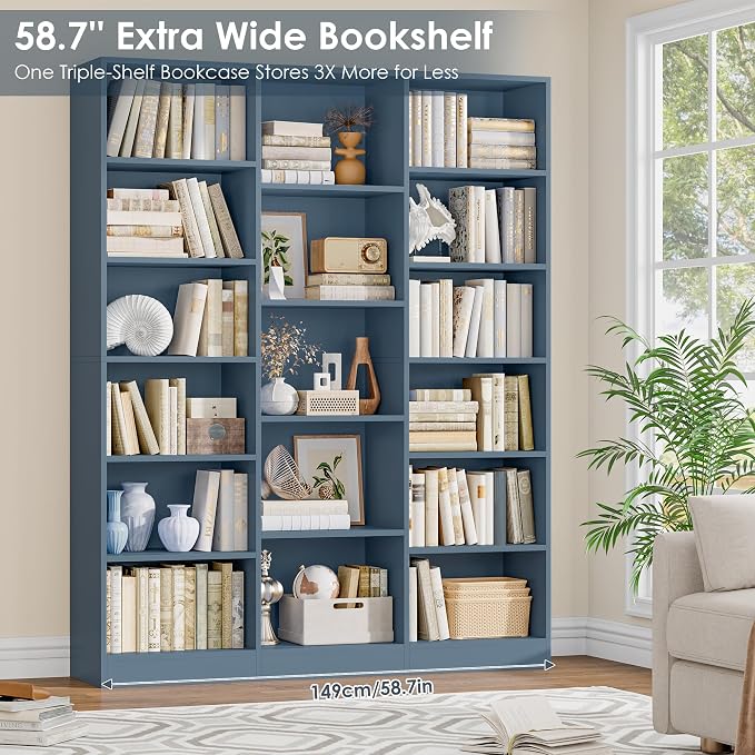 FACBOTALL Triple Wide Bookshelf, 6 Tier Large Bookshelf, Bookcase - Image 5