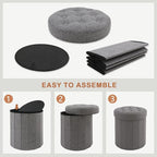 CAROLMADE Round Storage Ottoman, Linen Folding Footrest Stool - Image 8