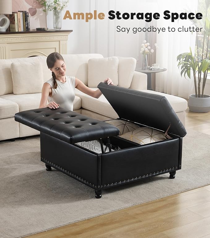Tbfit Large Square Storage Ottoman Bench, Tufted Upholstered Coffee Table - Image 3