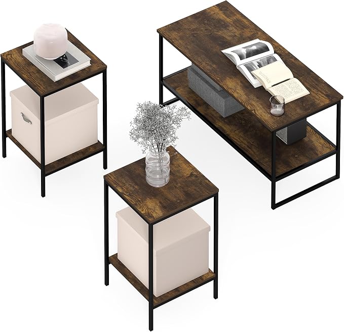 Furinno Simplistic Coffee Table and End Table Set of 3, Modern Metal Frame by Furinno-FitsYourSpaceFitsYourBudget