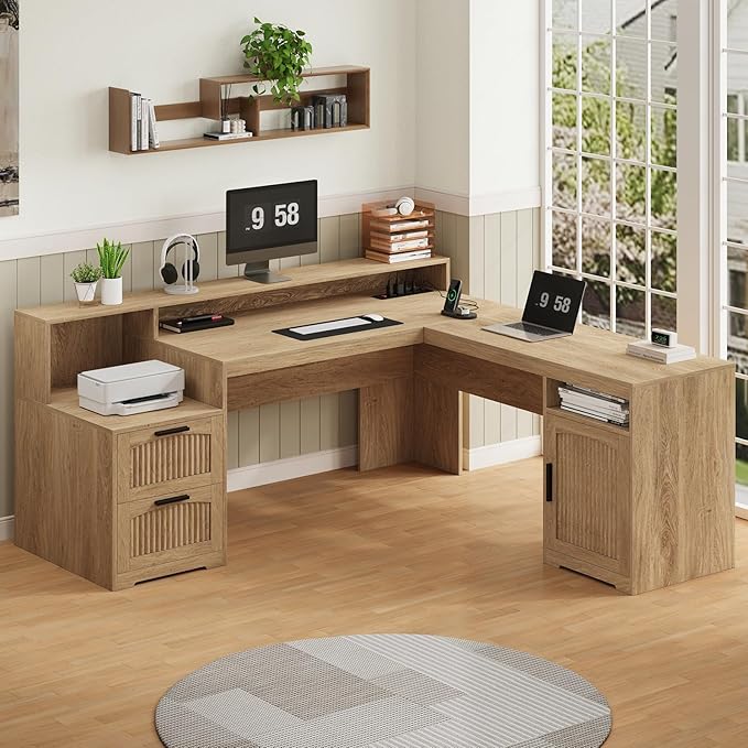 YOMILUVE 63" Farmhouse L Shaped Executive Desk - Image 3