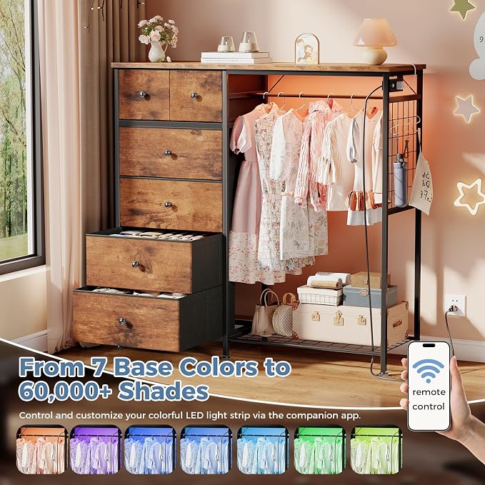 DUMOS Dresser for Bedroom with Hanging Rack, 6 Drawer Fabric Dresser with - Image 6