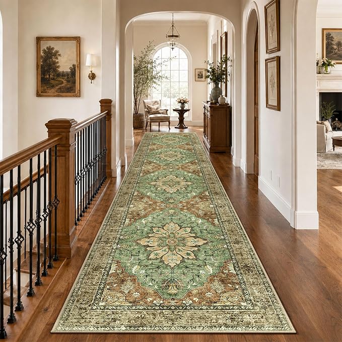 RELEANY Washable Area Rug, Runner 3'x12', Brick/Brown/Green | Non-Slip by RELEANY