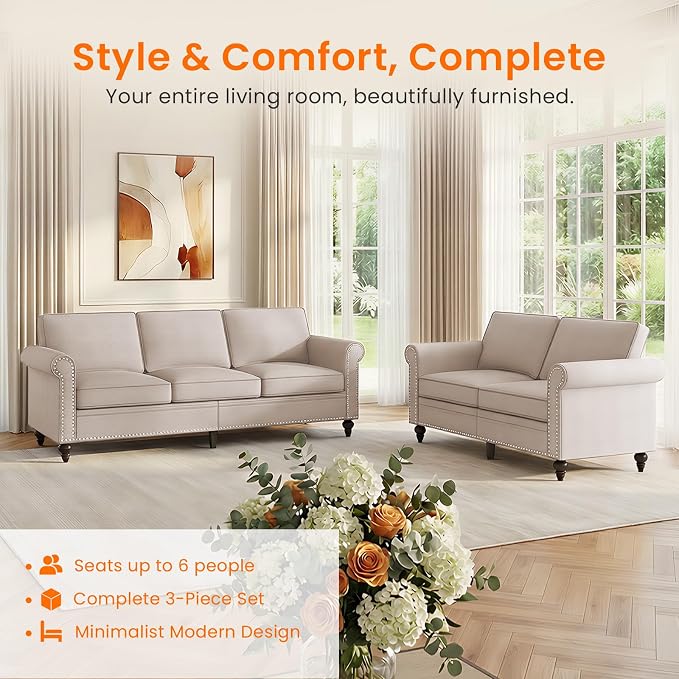 Living Room Sofa Sets 2 Piece, Modern 3 Seater Sofa and Loveseat Couch Sets - Image 3