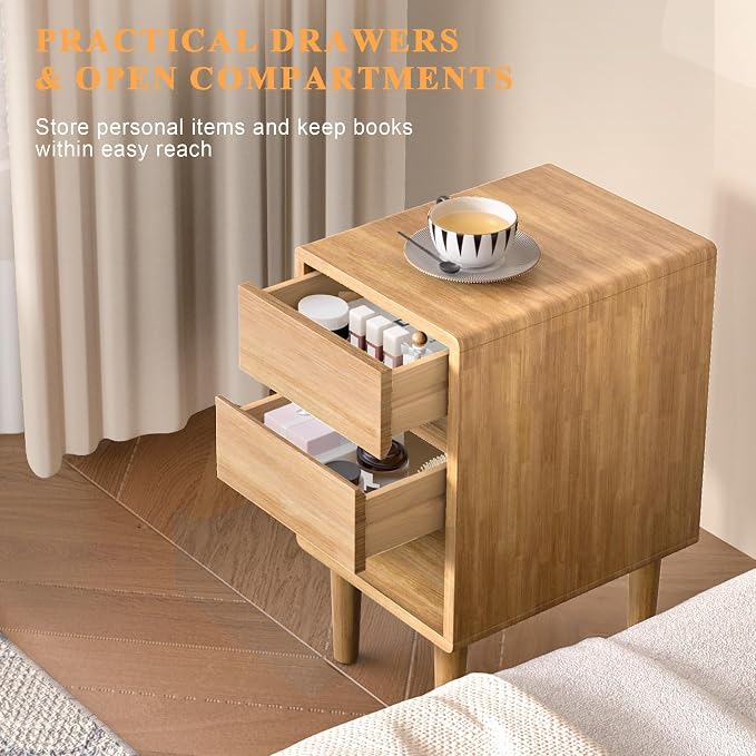 Nightstand 2 Drawers with Open Shelf Narrow Night Stand Solid Wood Bedside - Image 3