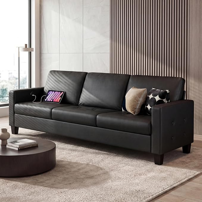 STHOUYN Black Faux Leather 3 Seater Sofa and Accent Chair Set of 2, Modern - Image 9