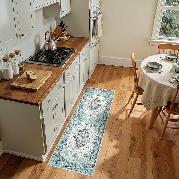 RELEANY Washable Area Rug, Runner 2'x5', Teal Green/White/Navy | Non-Slip by RELEANY