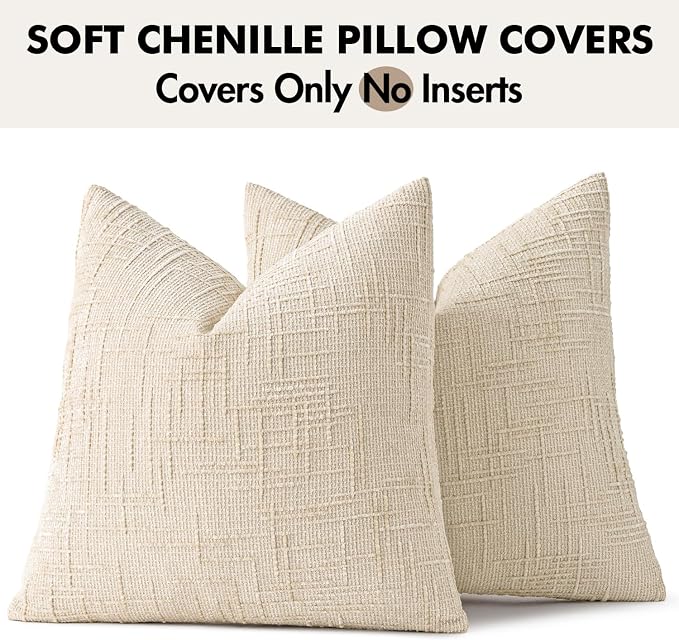 MIULEE Chenille Textured Euro Throw Pillow Covers Beige 22x22 Set of 2 | Slubby - Image 8