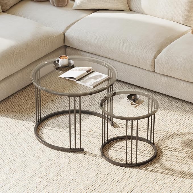 Garden 4 you Nesting Coffee Table, 23.6" Round Coffee Table Set of 2, Glass - Image 4