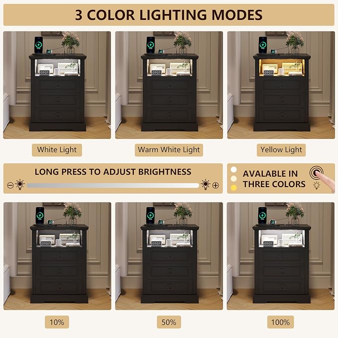 Nightstand with Charging Station, Farmhouse End Side Table with 3 Drawers and - Image 3