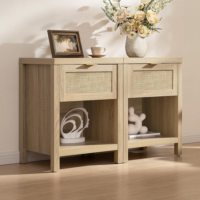 SICOTAS Rattan Nightstands Set of 2, Farmhouse Night Stand Bedside Table - Image 6