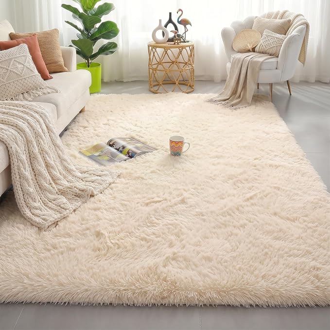 Amdrebio Beige Boho Furry Small Area Rug 3x5 - Image 8