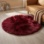 duduta Burgundy Faux Fur Sheepskin Round Rug 4x4 ft, Fluffy Shag Circle Rug | - Image 5