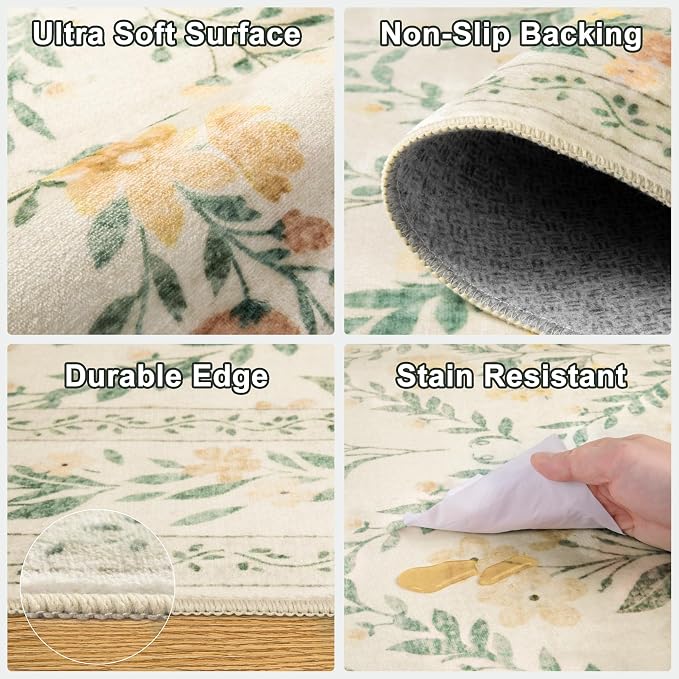 PLHXFR Round Area Rug Living Room: 6 ft Floral Washable Carpet Beige Multi | - Image 6