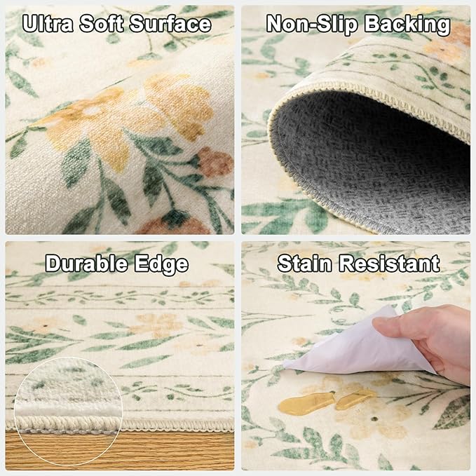 PLHXFR 2x5 Washable Runner Rug：Floral Indoor Kitchen Carpet Beige Multi | - Image 8