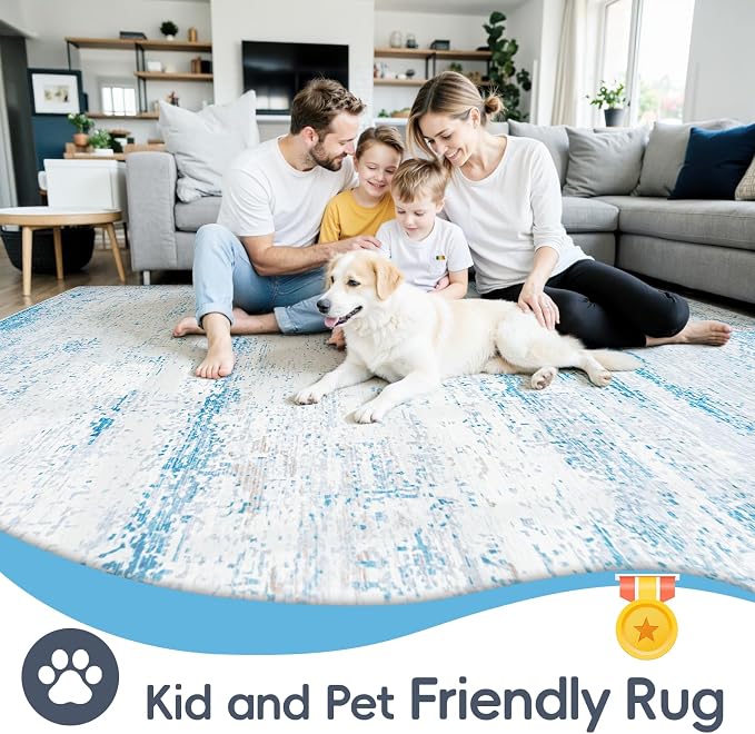 8x10 Washable Area Rug for Living Room Bedroom: Non-Slip Modern Light Blue | - Image 4