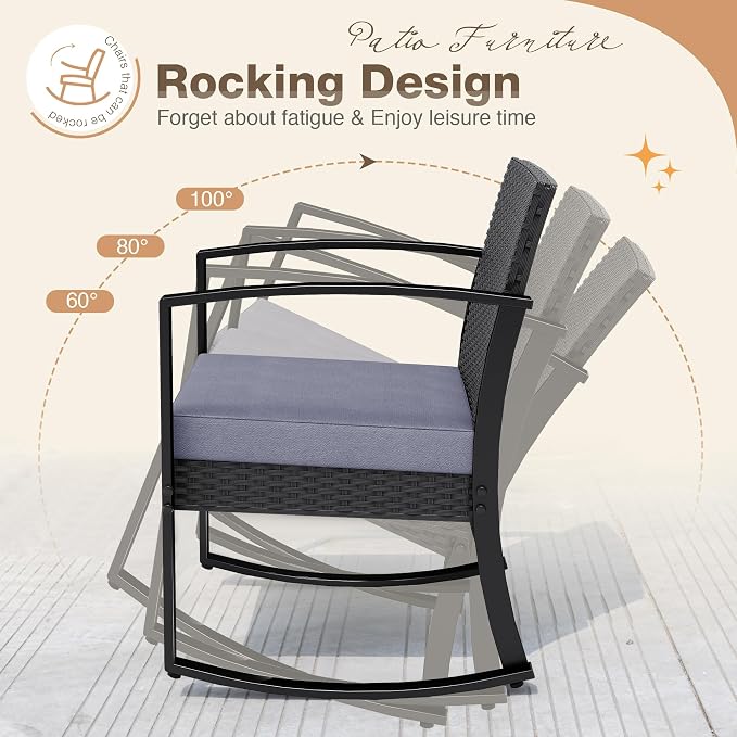 Greesum 3 Pieces Outdoor Furniture Set Patio Bistro Rocking Chairs - Image 2