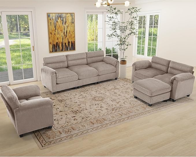 HAOMARKETS Corduroy 4-Piece Sofa Set, Upholstered Ottoman Set of 2, Loveseat - Image 7