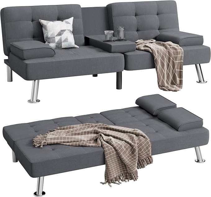 Shahoo Modern Linen Upholstered Convertible Folding Futon Sofa Bed - Image 5