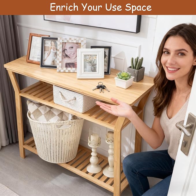 Nnewvante Bamboo Console Table, 38.6" Entryway Table - Image 3