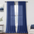 Classic Blue Linen Curtains Semi Sheer 96 Inches Long 2 Panels Set by Nanspring