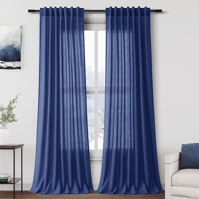 Classic Blue Linen Curtains Semi Sheer 96 Inches Long 2 Panels Set by Nanspring
