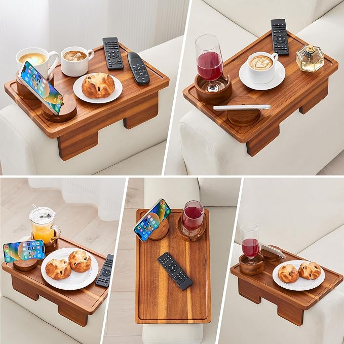 GEHE Real Acacia Wood Couch Armrest Table, 15.4"x9.8" Couch Arm Tray Table - Image 8
