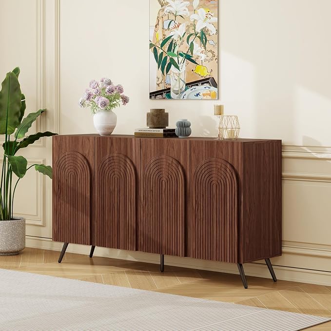 59" Walnut Arched Sideboard Buffet Cabinet - Image 7