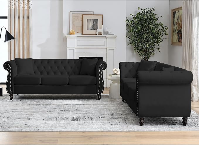 80" 2 Piece 3-Seater Velvet Chesterfield Sofa - Image 4