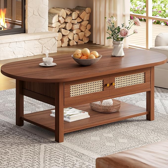 LVB Rattan Coffee Table, Boho Wood Living Room Table by LVB