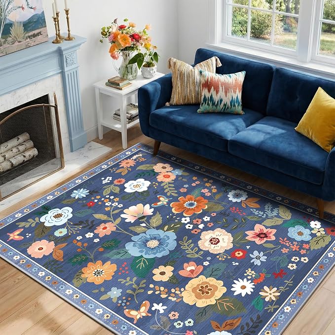 RELEANY Floral Washable 4x6 Area Rugs Blue/Grey | Flower Carpet Print Boho Cute by RELEANY