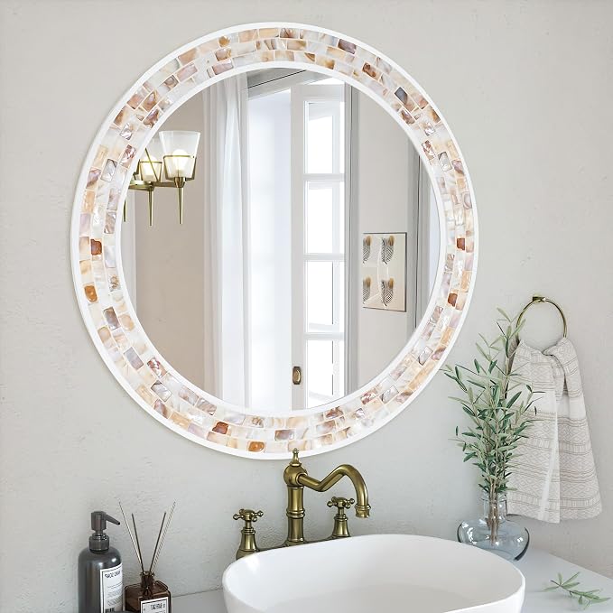 Tanmicoshomy Round Wall Mirror 30 Inch, Natural Brown Shell Framed Circle - Image 6