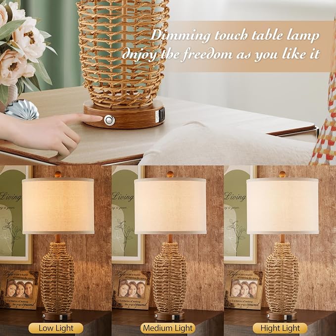 Rattan Table Lamps Set of 2 Wicker Lamps 3 Way Dimmable Touch Control Farmhouse - Image 3